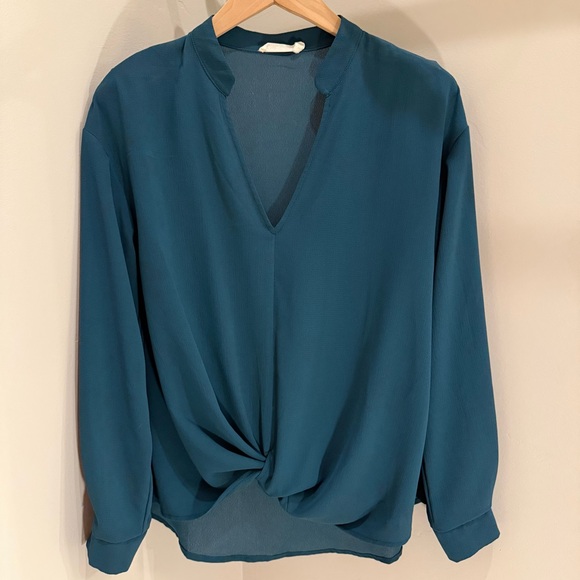 Lush Tops - Lush Teal Long Sleeve Tie Front V-Neck Top - Size Small